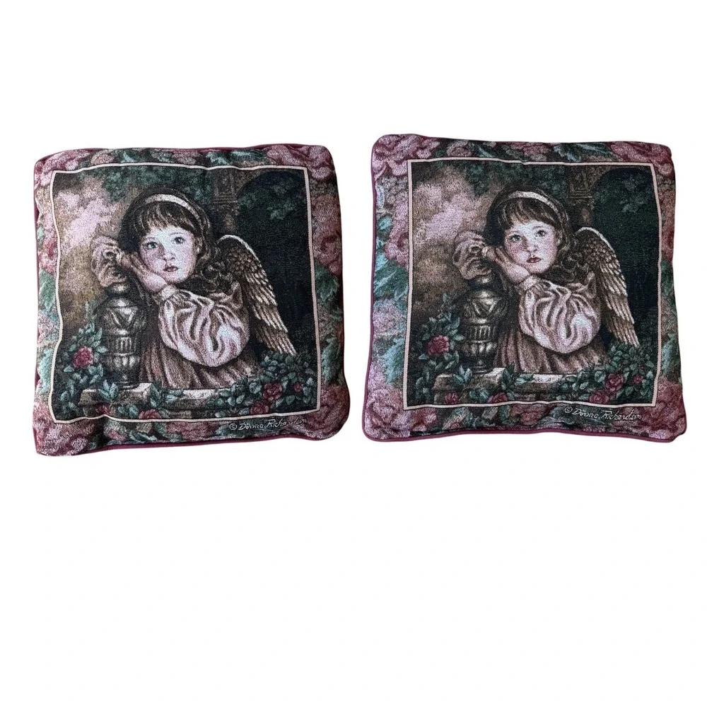 Vtg Tapestry Throw Pillow Little Angel Or Angel Unaware 17 X 17 Donna Richardson